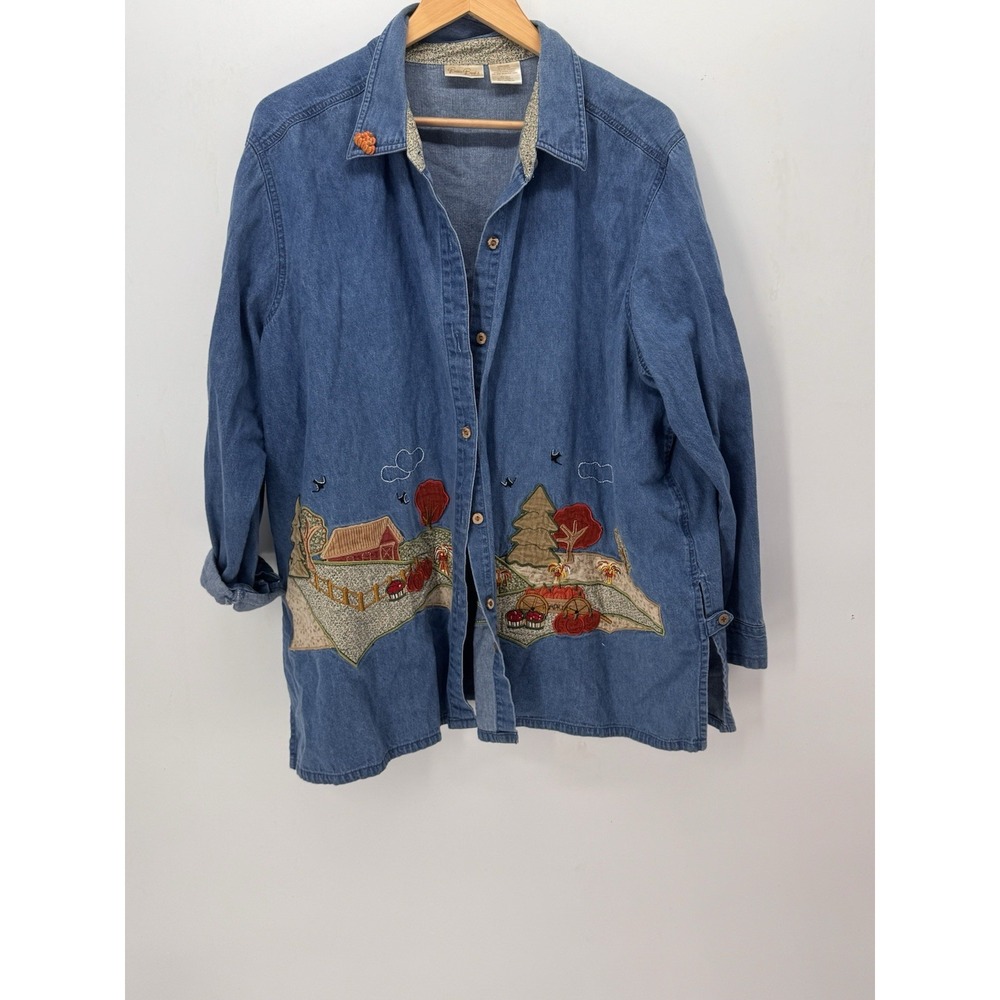 Billie Brooks Vintage Denim Shirt 22W 24W Fall Pumpkin Farm Applique Cottagecore